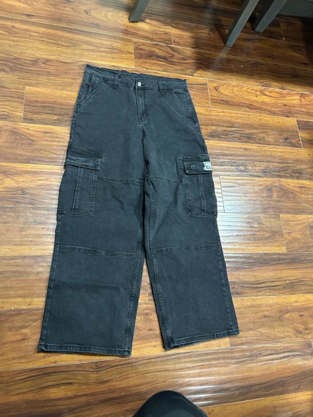 Black Straight Cargo Jeans - Men's, size 36, wide leg, multiple pockets